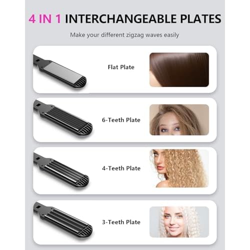 Hair Crimper Waver, Professional Hair Straightener Beach Waves Curling 4 Interchangeable Ceramic Plates, Hair Crimper Auto Temp Control Wide Plate Hairs Straightener & Styling Tool for All HairsTypes