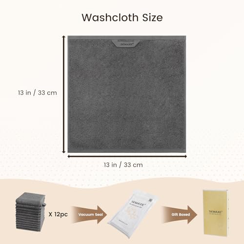 SEMAXE 100% Cotton Washcloths 12-Pack, 13 ¡¿ 13 Inch Soft Luxury Face Towels ? Super Absorbent & Quick-Dry, Premium Cloth with Hanging Loop, Oeko-TEX Certified, Gift-Ready Box