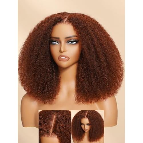 Nadula Bye Bye Knots Glueless Reddish Brown Kinky Curly Wig Human Hair Pre Plucked 200% Density,Pre Cut 7x5 HD Lace Front Afro Kinky Wigs Bleached Knots Pre Everything Ready to Go Copper Red 16inch