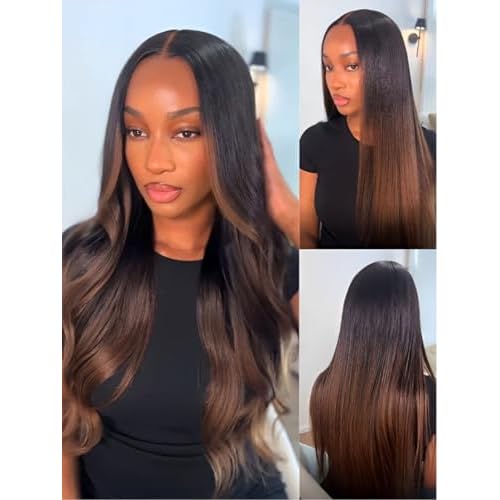 UNICE Chestnut Brown Ombre Yaki Straight 7x5 Pre Cut HD Lace Front Wigs Human Hair with Drawstring Bye Bye Knots Glueless Wig Pre Plucked Bleached Knots Natural Hairline 150% Density 18 inch