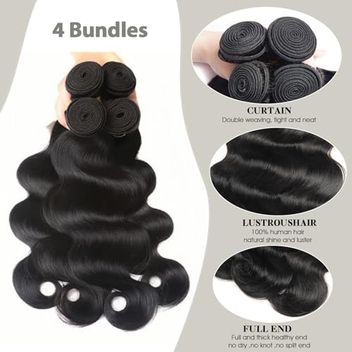 12A Body Wave Human Hair Bundles with Frontal Closure, 4 Bundles (18 18 18 18 18) +16"HD Lace Frontal (13x4 Free Part),Virgin Remy Hair Natural Color