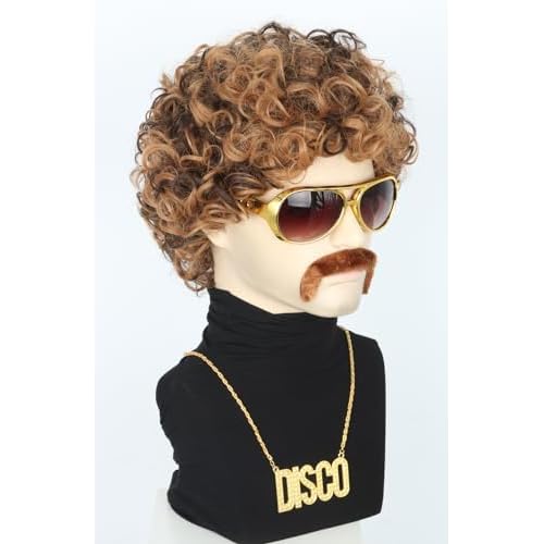 Topcosplay 5Pcs Set 70s 80s Disco Wig for Men or Women Afro Wig with Glasses Necklace Moustache Short Curly Hippies Wigs Blonde Brown