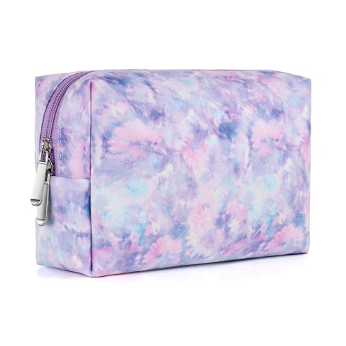 Makeup Bag For Girls, Travel Cosmetic Bag For Teens Girls Kids Cute Small Makeup Bag for Purse Waterproof Zipper Pouch, Tie Dye Purple