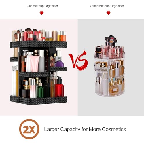 360 Rotating Makeup Organizer - Black Acrylic Makeup Storage for Vanity, Cosmetic Organizer with Lotion and Perfume Holder for Dresser