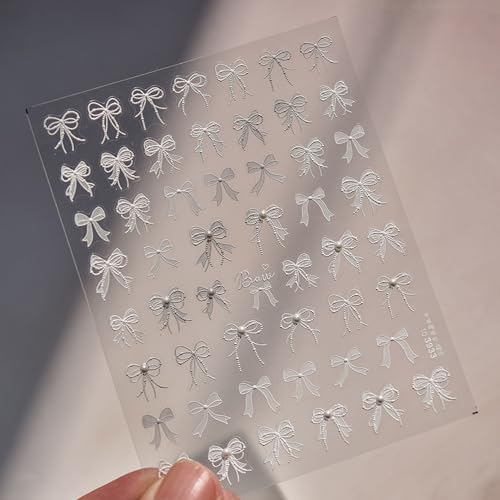 5D Embossed White Lace Bowknot Nail Art Stickers Pearl Bow Nail Stickers for Nail Art Supplies Retro Relief Bow Nail Decals Self-sdhsive Bow Stickers for Nails Ribbon Bows Nail Accessories for Women
