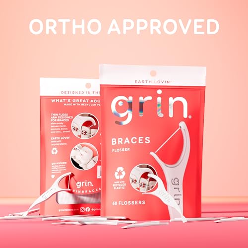 GRIN Braces Flosser, Floss Picks Designed for Braces, 60 Count, Dental Flossers, Recycled Plastic, Ortho Approved, Premium Thin Floss, Includes Handy Wax Scraper and Pick