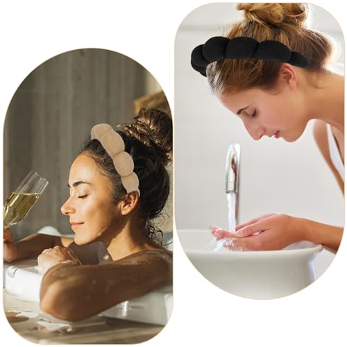 AMCAMI Puffy Spa Headband for Women Sponge Headbands for Girls 2 PCS Terry Towel Cloth Fabric Head Band for Skincare,Makeup Removal,Face Washing,Facial Mask,Shower,Hair Accessories£¨Black&Light Coffee£©