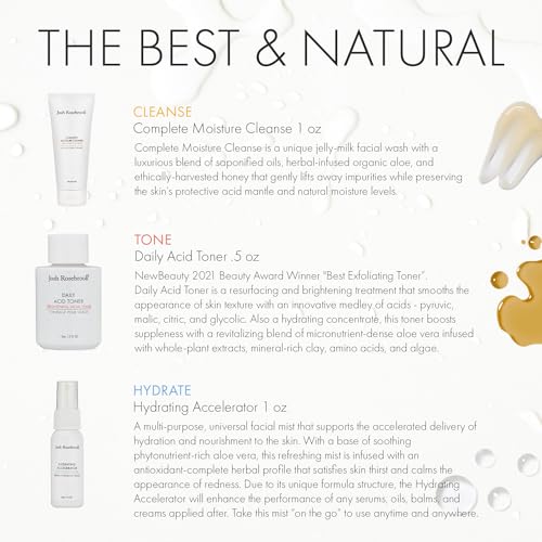 Josh Rosebrook The Essentials Kit - Cleanse, Tone & Hydrate Skincare Set | Complete Moisture Cleanse 1 oz, Daily Acid Toner 0.5 oz, Hydrating Accelerator 1 oz | Travel Size Facial Skin Care