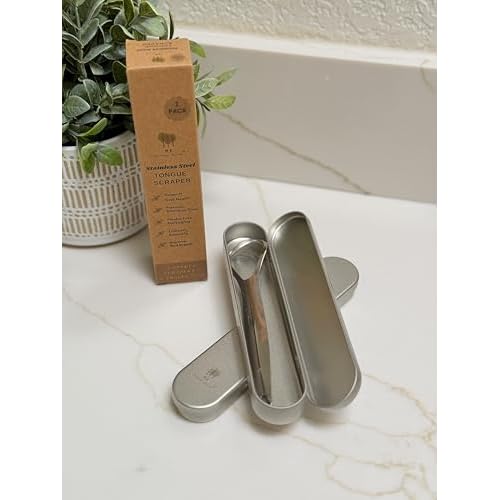 Me Mother Earth 2 pack Stainless Steel Tongue Scraper for Adults with 2 Metal Travel Cases ? Durable Metal Cleaner for Oral Care, Fresh Breath, and Eco-Friendly Dental Care