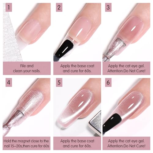 Jelly Pink Silver Cat Eye Gel Nail Polish Set 6 Colors with Magnet for Holographic Glitter Cat Eye, Salon Gel Manicure and Nail Art DIY at Home