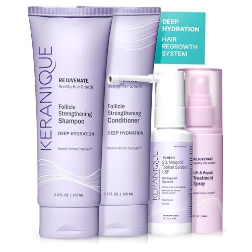 Keranique Hair Growth Treatment for Women - Minoxidil Regrowth System with Hydrating Shampoo, Conditioner, Volumizing Spray, and Hair Loss Treatment