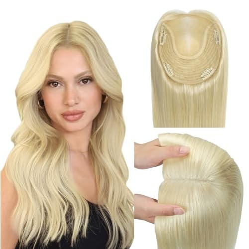 WORLDSTAR Hair Topper for Women Real Human Hair No Bangs 360¡Æ3D Coverage 6 * 7 Inch Base 14 Inch 65g #60 Platinum Blonde Hair Topper for Women with Thinning or Grey Roots (tp#60-14