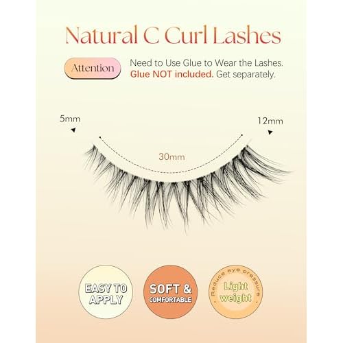 Eyelashes Natural Lashes Cat Eye 12MM Fake Eyelashes Wispy C Curl Lash Strips False Lashes Pack with 0.1MM Clear Band 3D Volume False Eyelash ChirpyLuna 7 Pair