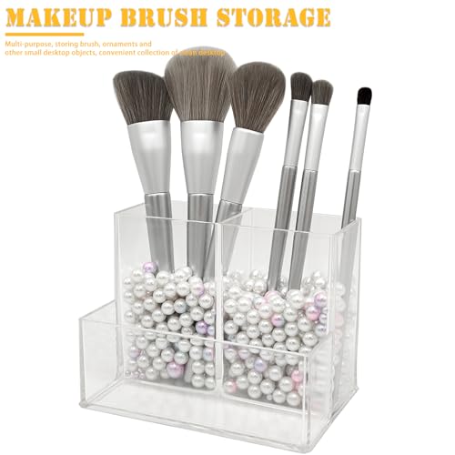 Clear Acrylic Makeup Brush Organizer,Multi-Purpose Cosmetic Brushes Storage Holder with 3 Slots,Pencil Pen Holder for Desk,Desk Organizer and Accessories for Vanity