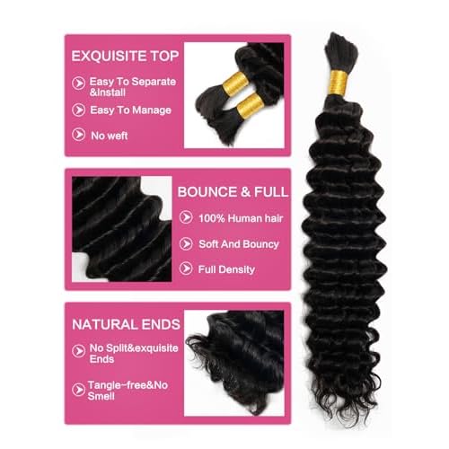 Human Braiding Hair 1 Bundles/Pack 100g 22 Inch Deep Wave Curly Bulk 100% Human Hair for Braiding No Weft 10A Brazilian Virgin Human Hair Extensions for Boho Braids Natural Black Wet and Wavy