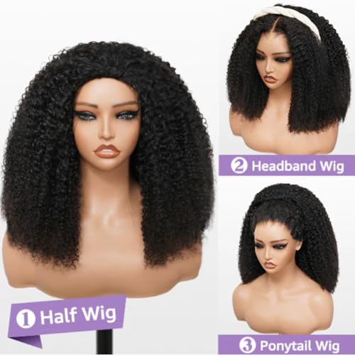 20 inch Curly Half Wig Human Hair for Black Women,Kinky Curly Half Wigs Human Hair,Seamless Flip Over All Hairstyles In One Headband Wig with Drawstring,Wear and Go Wigs for Black Women 200% Density