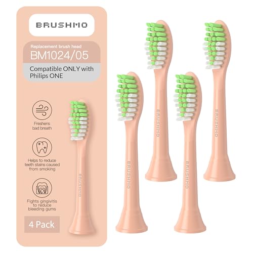 Brushmo Replacement Toothbrush Heads, Compatible with Philips One for Sonicare Electric Toothbrush Handles HY1022, 4 Standard Heads with Tongue Cleaner, Soft DuPontBristles, BM124m, Shimmer