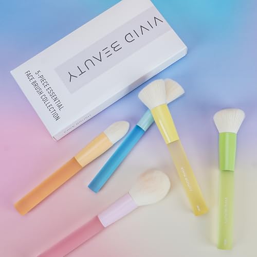 5pcs Multi Color Face Makeup Brush set ? Powder, Kabuki, Angled Fluff, Blush Brushes with Vegan Bristles That Mimic Natural Wool ? Non-Slip Rubber Handles ? Perfect for Contouring, Setting, Blending
