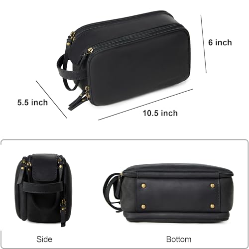 Toiletry Bag for Men, Full Grain Leather Travel Pouch Shaving Dopp Kit Bathroom Toiletries Organizer Bags, Black