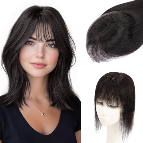 S-noilite Hair Toppers for Women Real Human Hair, 100% Real Human Hair Toppers with Bangs for Women with Thin Hair,2.25"*6" Lace Silk Base 14 inch Natural Black