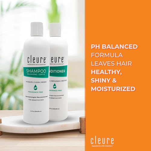 Cleure Shampoo and Conditioner Set Sulfate Free, Fragrance Free for Sensitive Skin - Volumizing Shampoo & Hydrating Conditioner (12 Oz each, Pack of 2)