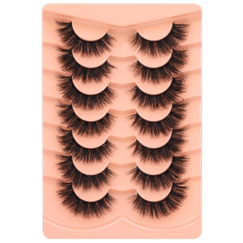 Kiromiro Mink Lashes False Eyelashes 18mm 3D Volume Cat Eye Lashes Faux Mink Eyelash Wispy Fake Eyelashes Thick Strips Lash Pack, 7 Pairs