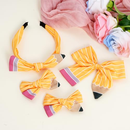 4Pcs Pencil Hair Bow Clips Headband Accessories Set Back to School Stuff for Girl Kindergarten First Day of School Outfits