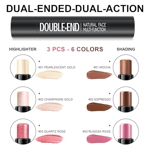 6 Colors Cream Contour Stick Makeup Kit, Shades with Highlighter, Blush and Double-End Bronzer Contour Stick for Sculpt the Cheeks, Long Lasting, Waterproof, Matte & Dewy Finish(SET A)