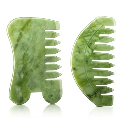 BBTO 2 Pcs Jade Comb for Scalp Massage Gua sha Comb for Head Body spa Hair Multifunctional Handheld Massage Tools(Round, Classic Style)