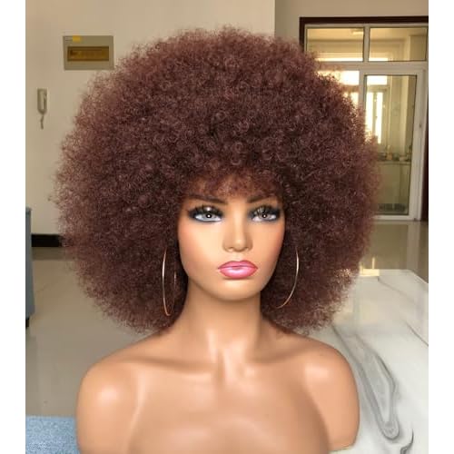 Short Afro Wig with Bangs for Black Women Afro Kinky Curly Wig 70s Premium Synthetic Big Afro Wigs(Red Brown)