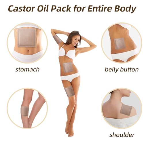 50Pcs Castor Oil Pack Wrap with 16oz castor oil Organic Cold Pressed Unrefined Glass Bottle,Disposable Castor Oil Patches for Belly Button,Stomach,Knee,Feet,Entire Body