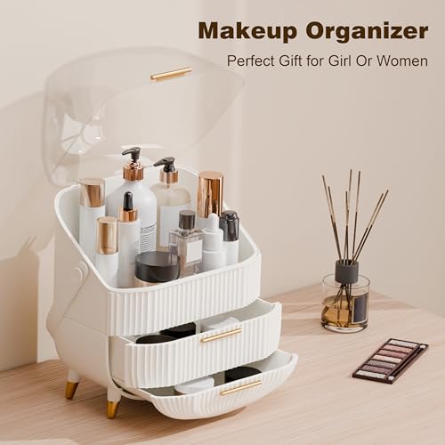 Makeup Organizers and Storage, Make up Organizer for Vanity Cosmetics Skincare Organizers With Lid and Drawers Display Cases for Countertop£¨White£©
