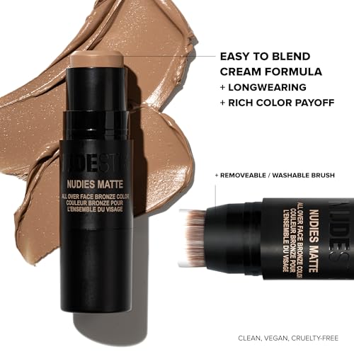 Nudestix Nudies Bronze All Over Matte Bronzing Stick ? 3-in-1 Cream Bronzer for Cheeks, Eyes & Lips with Built-In Brush | Natural Contour & Sun-Kissed Glow