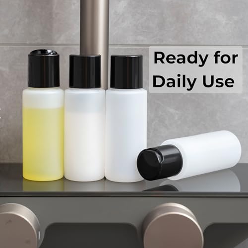 4 Pack 2oz Travel Bottles ? TSA Approved HDPE Translucent Squeeze Bottles with Black Disc Tops & 4 Extra Screw Caps, Leak Proof, Durable, BPA Free, FDA Compliant