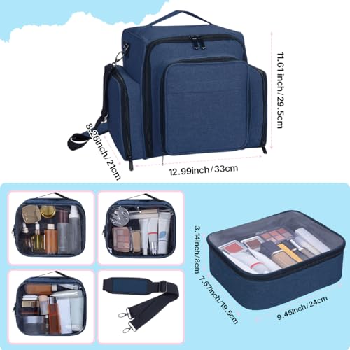 Large Makeup Bag Cosmetic Case Organizer with 3 Inner Removable Pouches Multifunctional Travel Train Storage,Blue