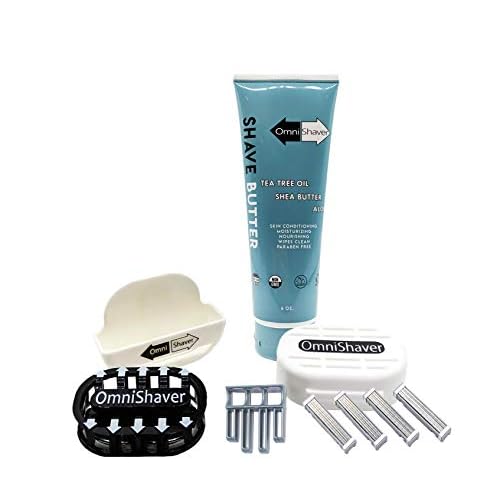 Premium Omnishaver Kit - The Fastest Way to Shave Head, Legs, Arms, Body | An Alternative to Disposable Shaving Razors Self Cleans & Strops During Use with Shave Butter & Replacement Cartridge - White