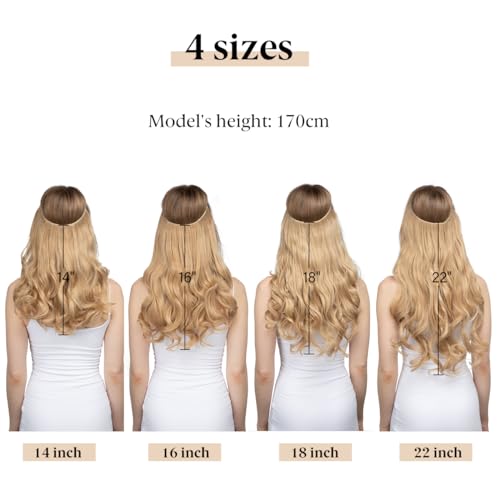 SARLA Invisible Wire Hair Extensions with 3 Clips Long Synthetic Wavy Curly Hairpiece Adjustable Transparent Headband for Women 18 Inch Ash Medium Brown/Ash Blonde Highlights
