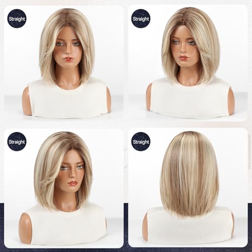 starluck Human Hair Wigs for Women, Curtain Bangs Ombre Light Blonde Mixed Light Brown Bob Real Wig Human Hair with SilkHug Cap, 12 Inch Graduated Straight, Soft, Natural Look for Daily & Wear Parties