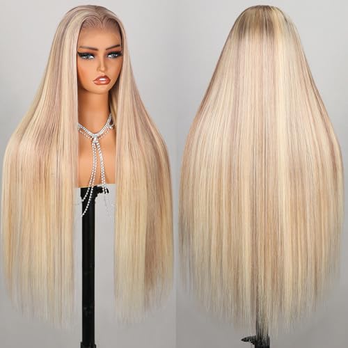 P10/613 Lace Front Wig Human Hair 13x4 Wear And Go Glueless Wigs Human Hair HD Blonde Highlight Lace Front Wig Light Brown Pre Plucked 240% Density (18inch, P10/613 Straight Wig)
