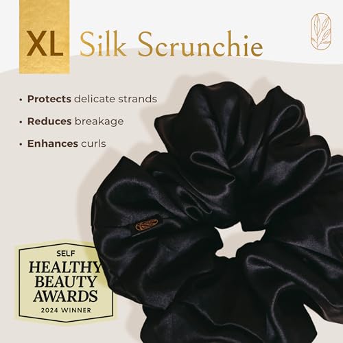 Silk Scrunchies for Women Ponytail Holders ? Oversized Mulberry Silk Scrunchies ? Extra Large No Damage Hair Ties for Curly, Thick, and Thin - Hair Accessories for Women ? Black, XL By Curlfriend