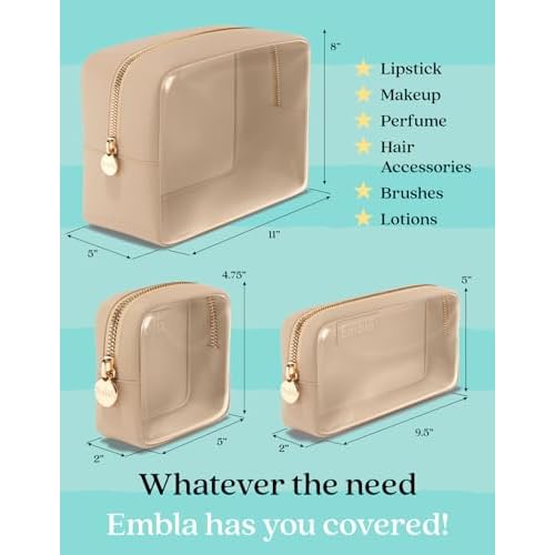Clear Cosmetic Bags Set of 3, Mini Small Large Makeup Bags For Women Clear Pouch Cosmetics Cases Zipper Cute Pouches Make Up Travel Toiletry Essentials Preppy Purse Organizer Makeup Cases, Sand