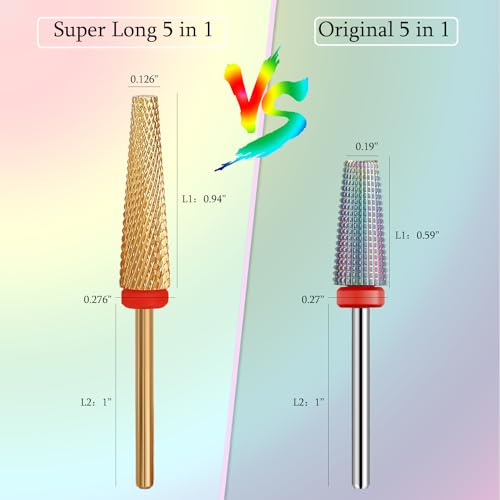 Super Long 5 in 1 Nail Drill Bits, Professional 3/32'' Carbide Tungsten Two Way Rotary Advanced Safety Bits, Fast Remove for Manicure Pedicure Cuticle Acrylic Nails (Gold, Fine-F)