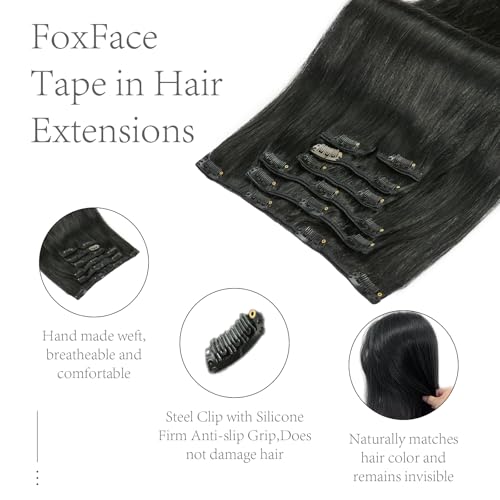 FoxFace Clip in Hair Extensions Real Human Hair, Thick Extensions from Root to Tip, Natural Hair Clip Ins, Jet Black, 22 Inch 120g 7Pcs
