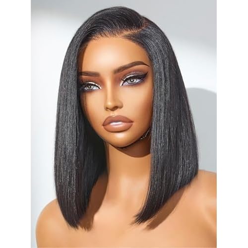 LUVME HAIR Bob Wig 100% Human Hair Wigs Glueless Lace Front 200% Density 12 Inches Bob, Pre Cut Plucked Hd Lace Short Wig Ready To Go Natural Color Straight Bleached Knots Side Part Black Wigs