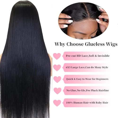 6x5 Wear and Go Glueless Wigs Human Hair Pre Plucked Pre Cut HD 200% Density Lace Straight Lace Front Wigs Human Hair Glueless Lace Front Wigs For Women 30 Inch