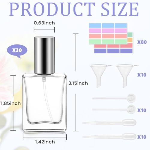 30 Pack 15 ML Glass Perfume Bottles Clear Portable Perfume Spray Bottle Empty Perfume Container Travel Refillable Mini Fine Mist Sprayer Atomizer (80 Pcs Labels, 10 Funnels, 10 Dropper, 10 Dispenser)