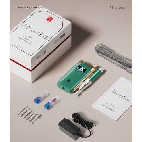 Melodysusie Nail Drill Professional Brushless MB450C, 35,000RPM Portable Electric Nail File, Cordless Efile Nail Drill Machine for Gel Nails, Rechargeable E Filer Kit with 8 Bits, Jade Plus, Green
