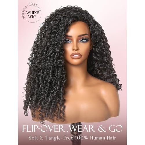 ASHINE Half Wig Human Hair Burmese Curly 180% Density Wear and Go Glueless Wig for Women Flip Over Natural Black 22 Inch with Clips and Drawstring