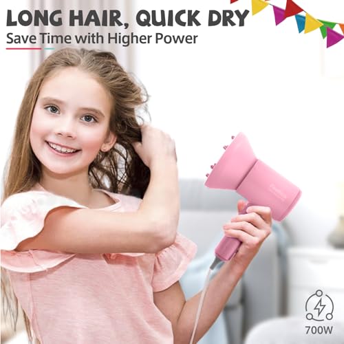 Feekaa Kids Hair Dryer, Portable Mini Blow Dryer with Diffuser, Quiet Small Hair Dryer for Children, Compact Kids Hairdryer with DIY Stickers Lightweight, Boy & Girl Birthday Gift, Pink