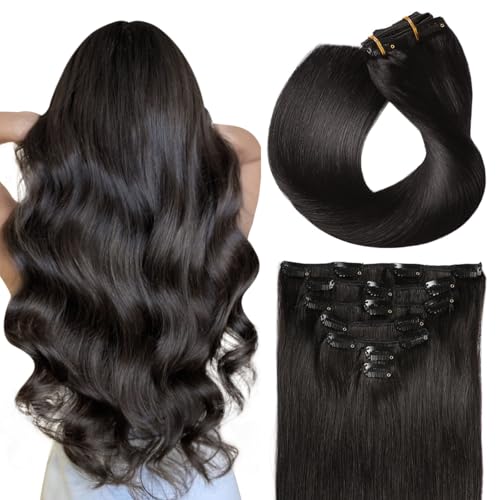 SUYYA Clip in Hair Extensions Real Human Hair,Hair Extensions Clip ins Straight Human Hair Clip ins Double Weft Natural Black Human Hair Clip in Extensions 7pcs 120g (22 inches #1B Off Black)